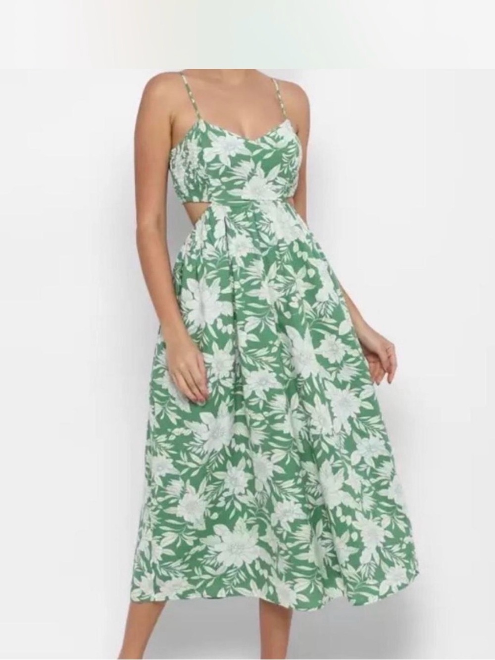 American Eagle green floral linen blend Sunset Midi dress resort wear